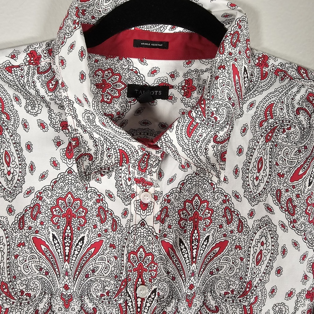 Talbots Shirt Womens 16 White Red Paisley‎ Floral Button Up Long Sleeve Stretch - Picture 2 of 7